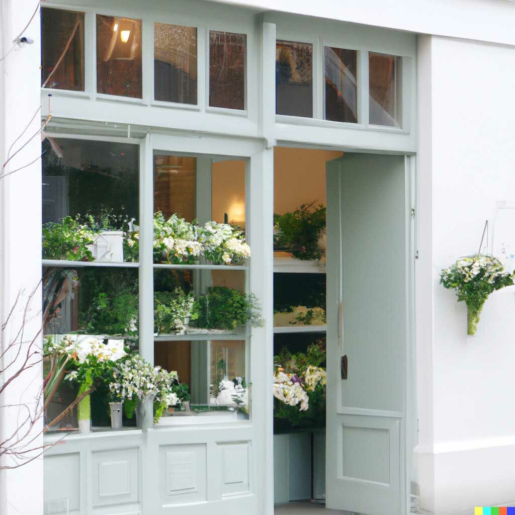 Here the prompt was "a photo of a quaint flower shop storefront with a pastel green and clean white facade"