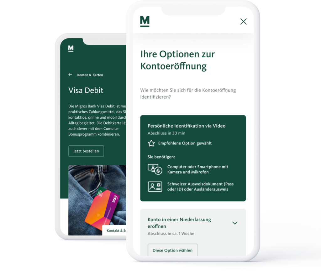 mobile screens of a landing page designed by ennostudio for migros bank