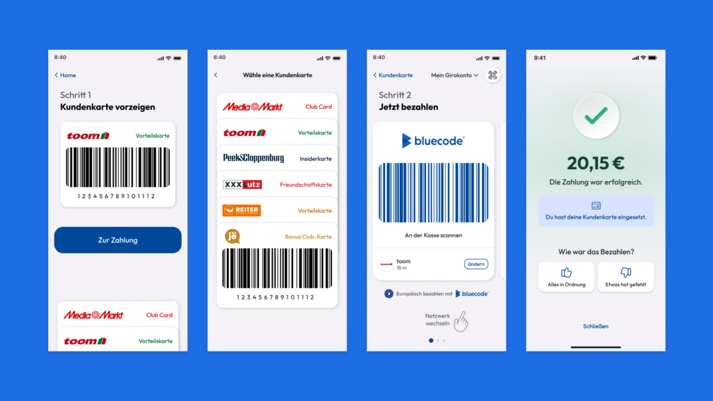 a foru-screen-step-flow for the payment process of users owning a loyalty card: the first screen automatically selects the right loyalty card, the second one let's the users manually select the right merchant card, the third one let's the users manually select the right payment method, the fourth one is a payment success screen with further options for the user