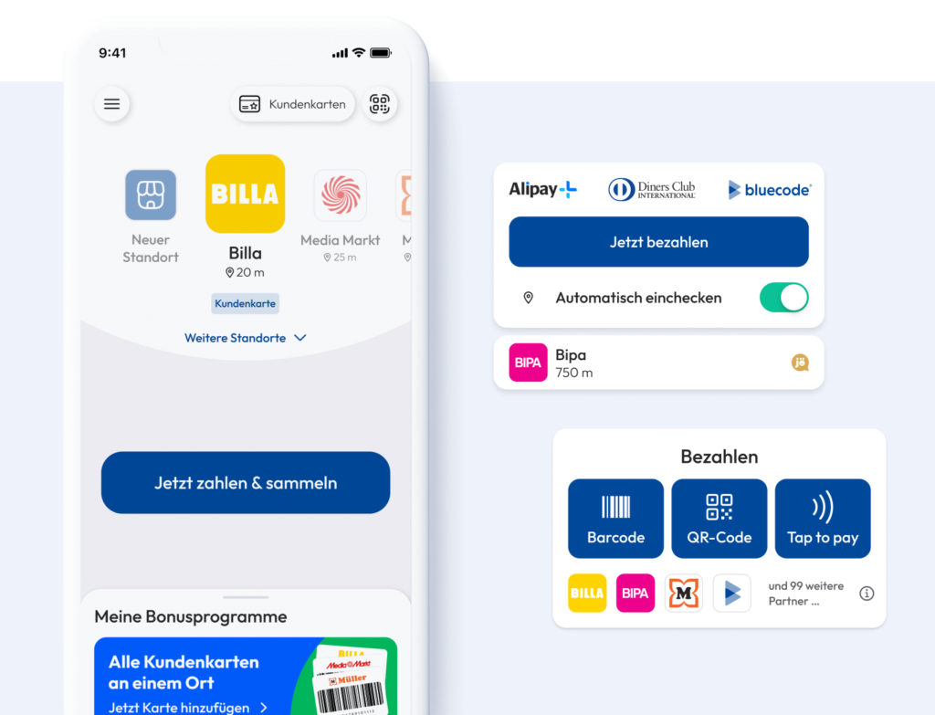 the main function, the merchant search on a mobile screen as well as two other design alternatives , developed thorughout the course of the project