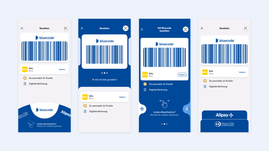 Four mobile screens displaying variants of the payment function: the firs-one describing a wheel-like payment selection, the second and third one describe two variants for horizontal swiping, the forth one describes a wallet like payment option
