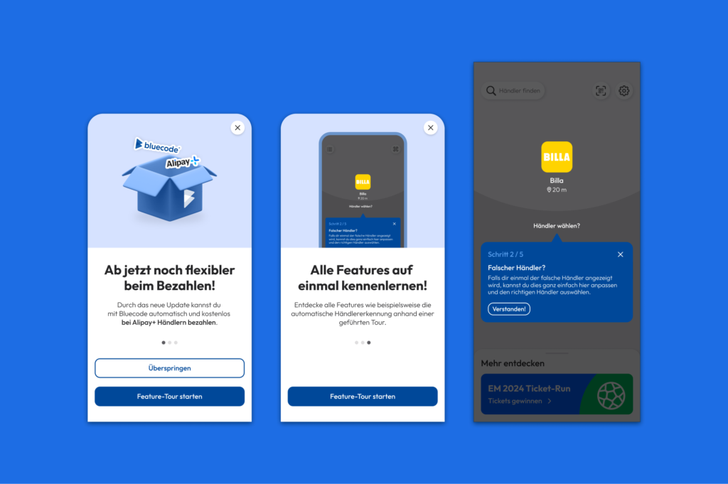 Three onboarding screens of the product highlighting the main features to be found in the app