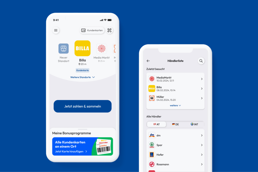 two mobile screens dirplaying the merchant search function highlighting the nearby services