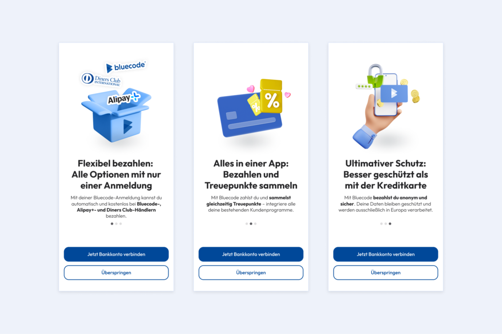 three onboarding screens introducing Bluecode's USPs