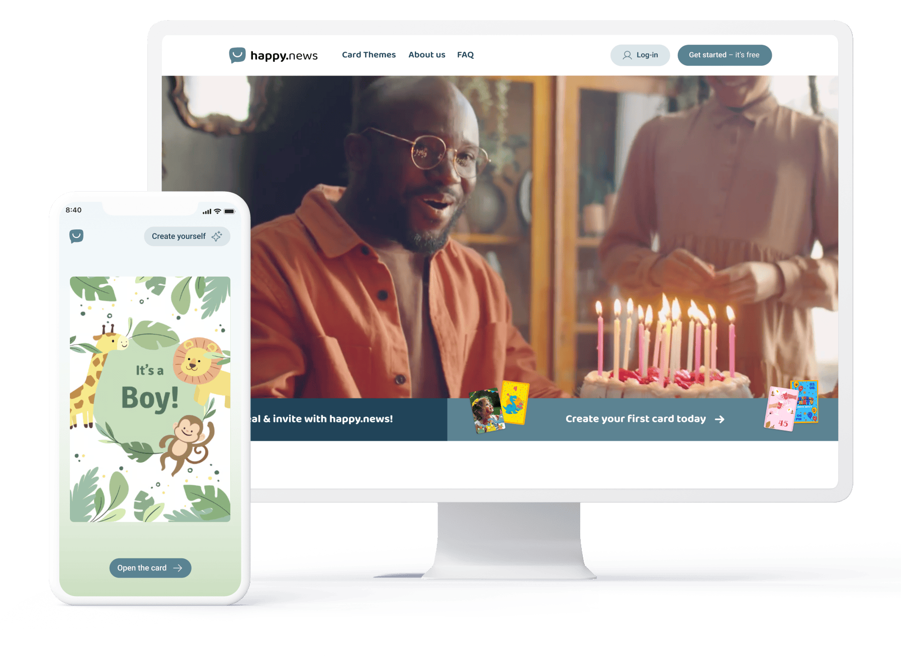 Screenshot of the happy.news platform on desktop and smartphone – The desktop shows a birthday celebration with a cake and candles; the smartphone displays a digital greeting card with animal illustrations and the text “It’s a Boy!”