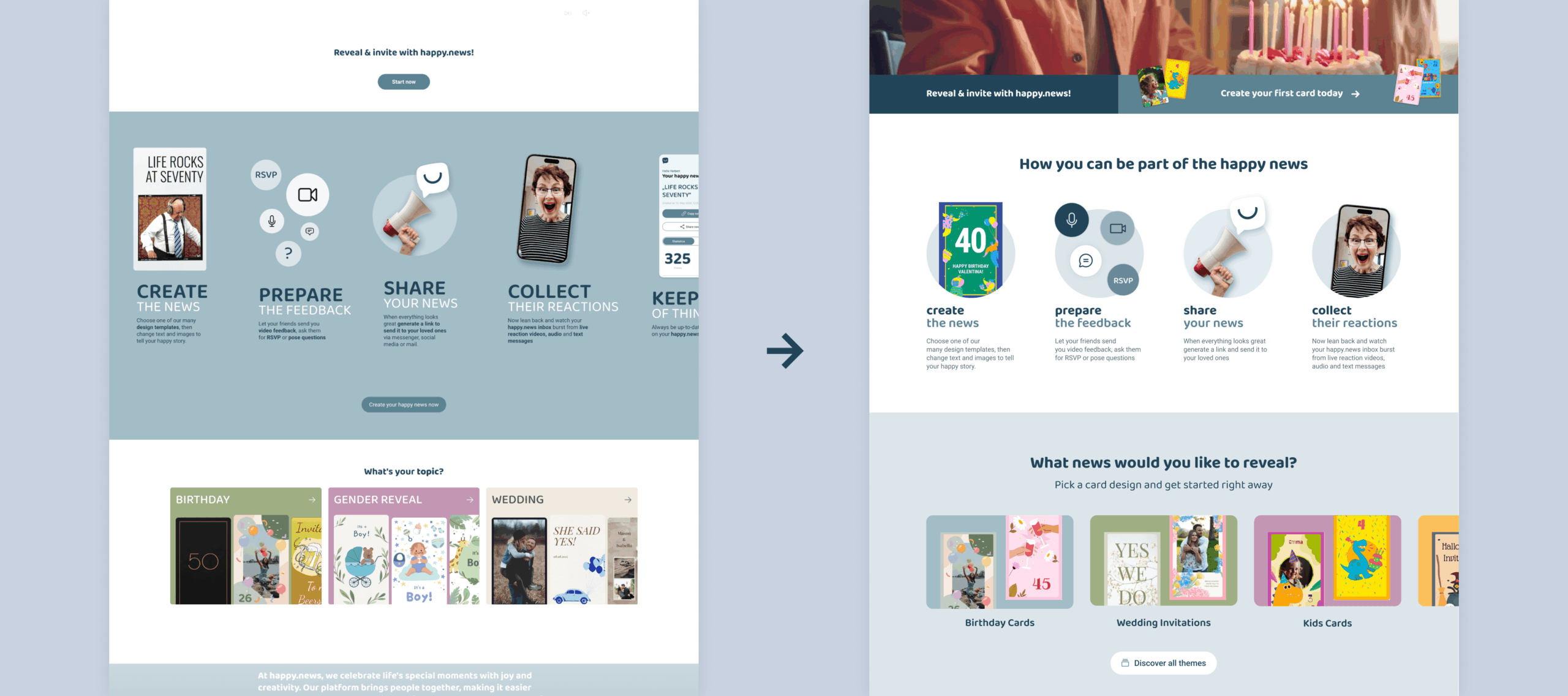 efore and after view of the happy.news landing page, showcasing UI/UX improvements