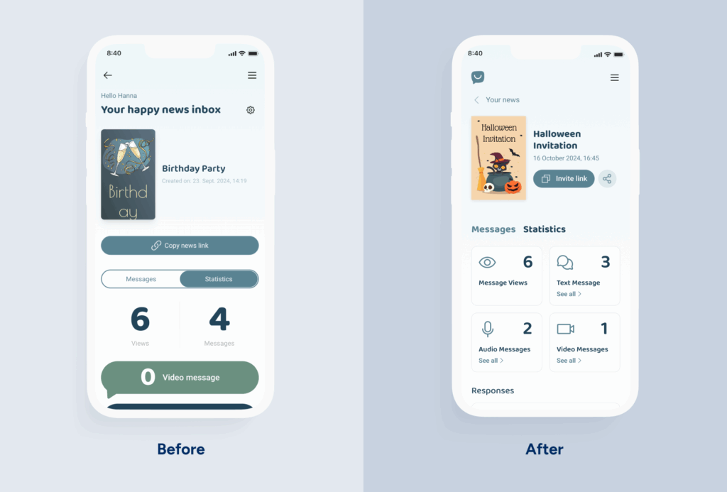 two mobile screens showing before and after news statistics of the happy.news app