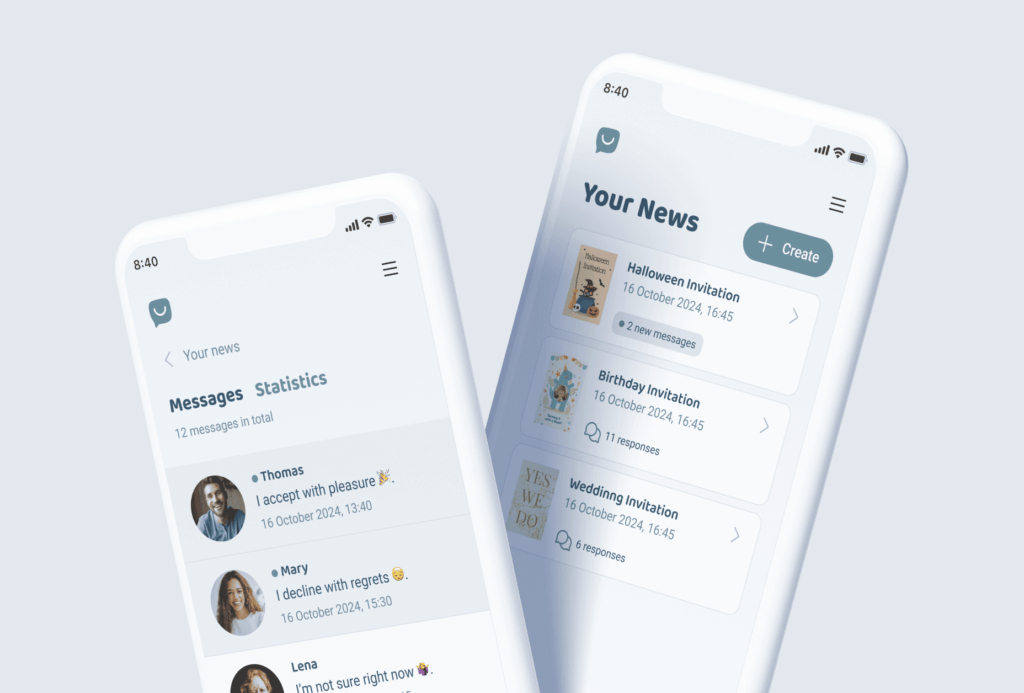 two mobile screens showing the your news overview of all responses for the invitation card