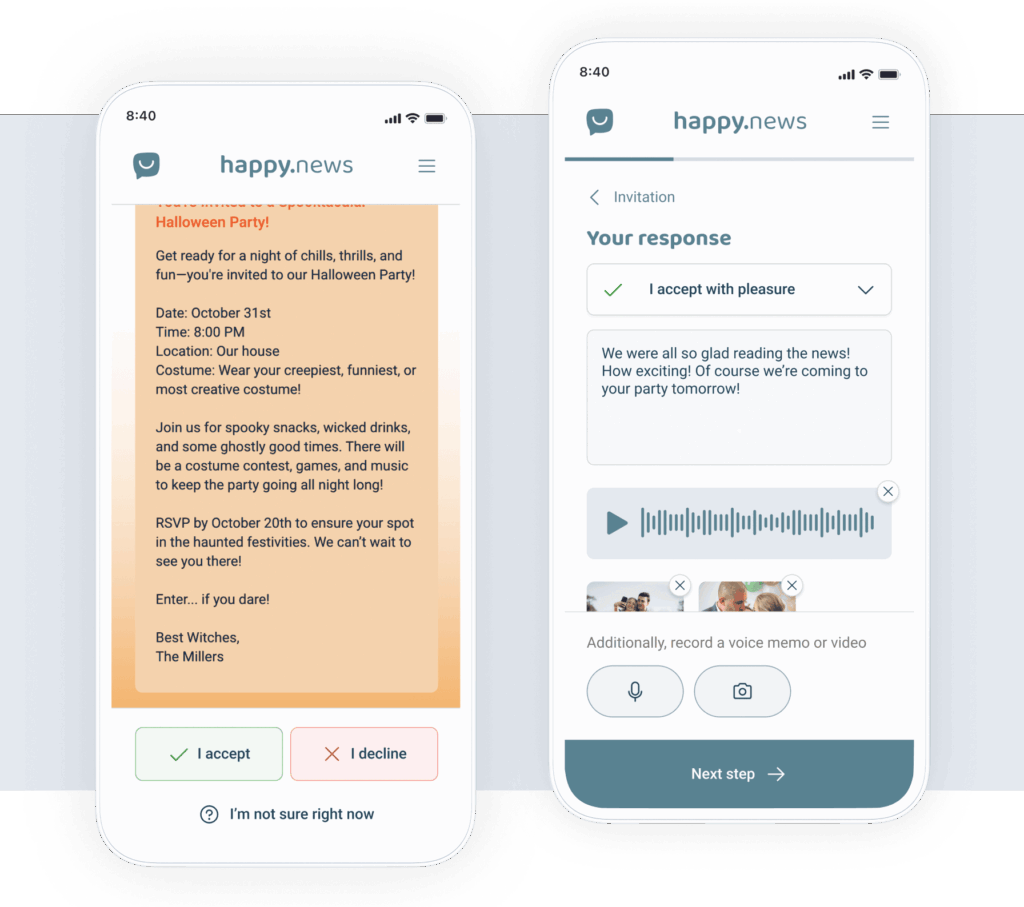 two mobile screens showing the receiving news in the happy.news app