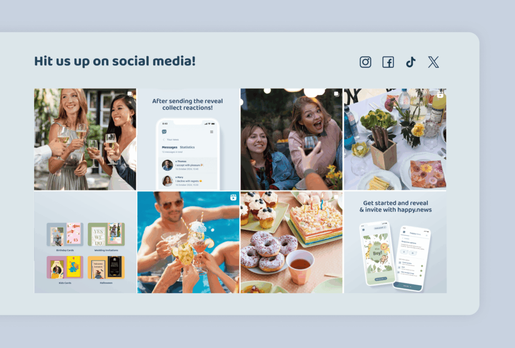 A zoomed-in view of the landing page highlighting happynews´social media with eight recent posts