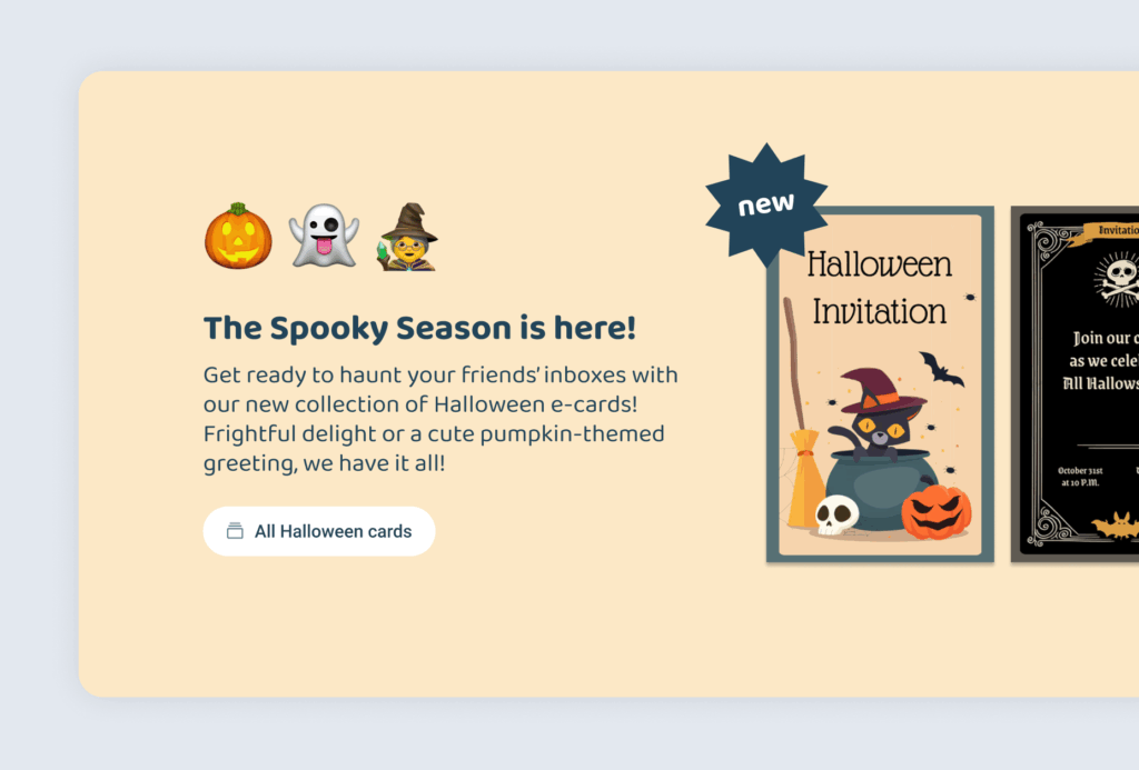 a zoomed in part of the landing page which shows the section of halloween cards and some emojis that fit to the halloween theme
