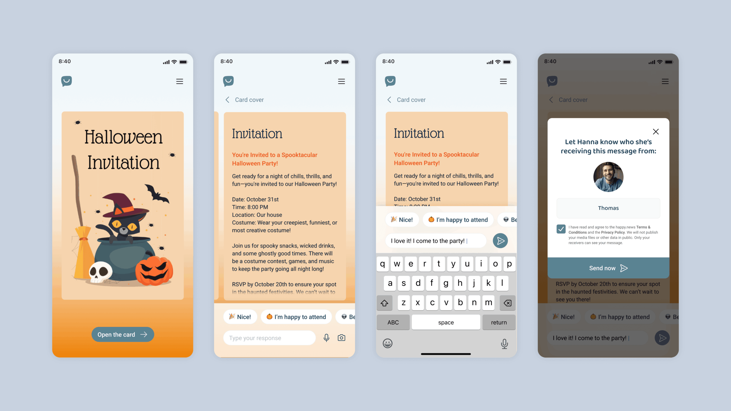 Four phone screens showing the user flow from the "Your News" overview to the detailed dashboard within the happy.news app