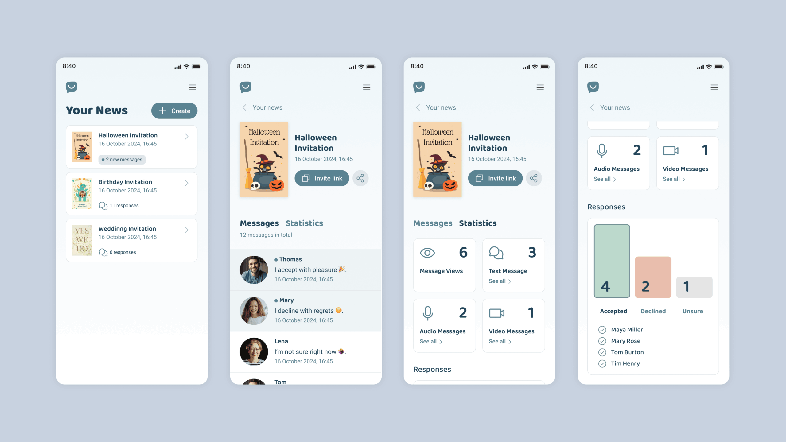 Four phone screens showing the user flow within the happy.news app