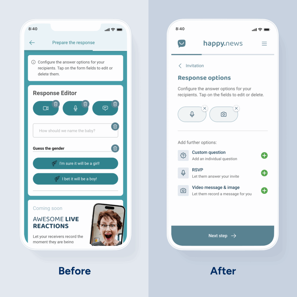 Before and after view of the happy.news response configuration screen on phone devices