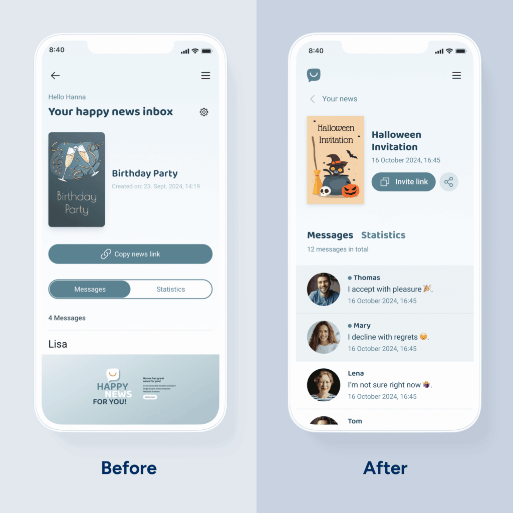 Before and after view of the happy.news message inbox on phone screens