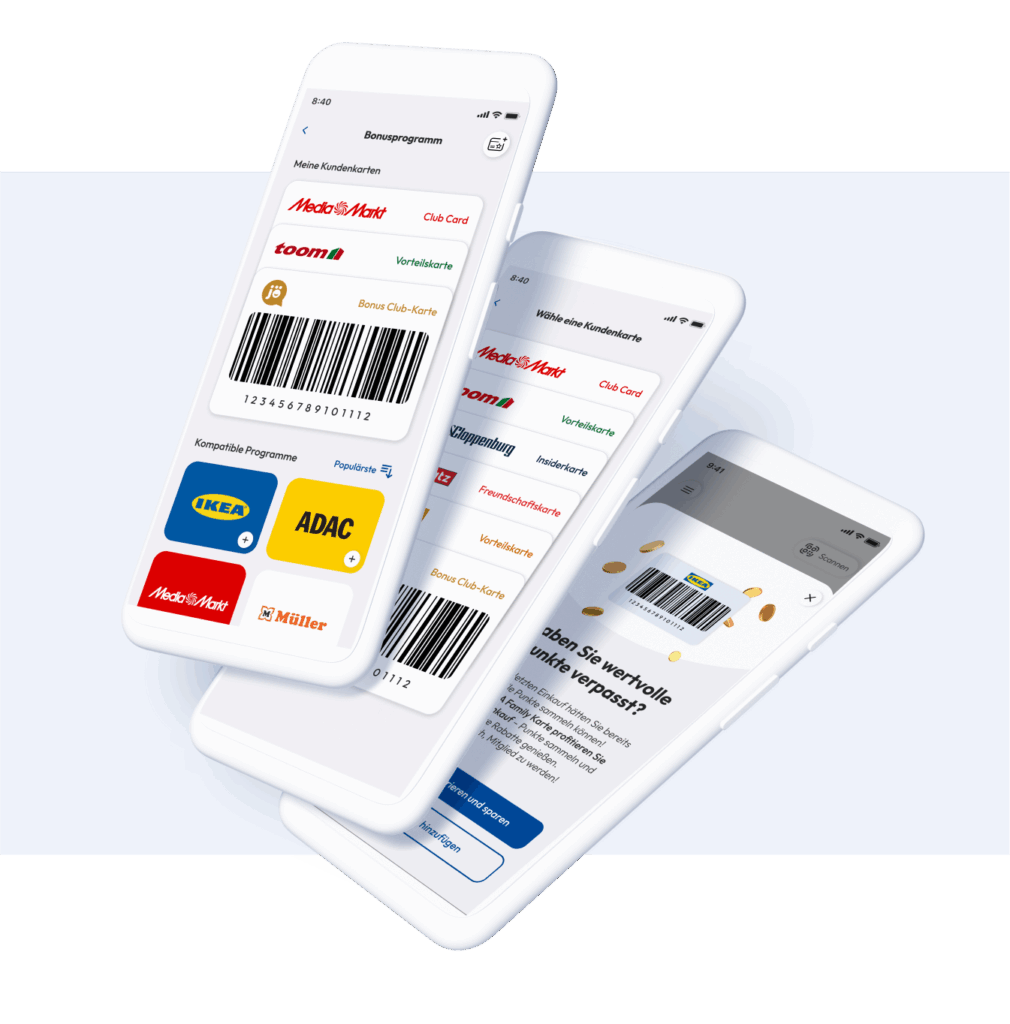 a visual of three mobile screens of the designed loyalty flow, stacked on-top of each other