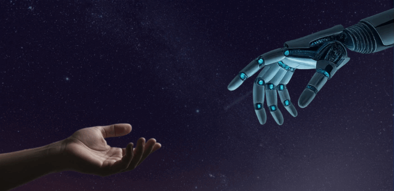  human hand with an open palm reaches out towards a futuristic-looking robotic hand with glowing blue joints, set against a dark, star-filled cosmic background.
