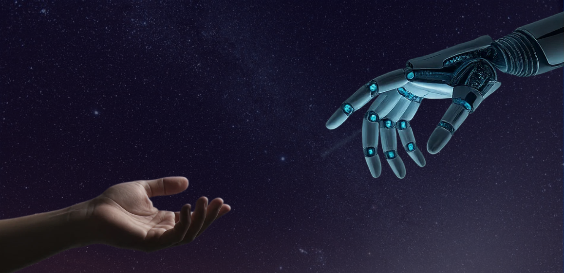 human hand with an open palm reaches out towards a futuristic-looking robotic hand with glowing blue joints, set against a dark, star-filled cosmic background.