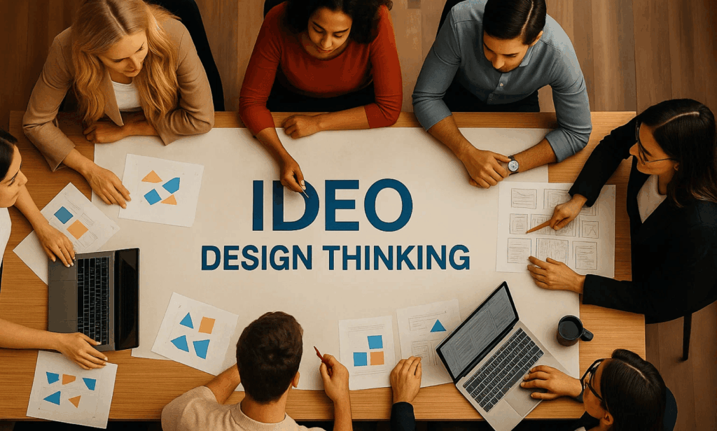 A top-down view of a diverse group of people collaborating around a large table with papers, laptops, and pens. In the center of the table, text reads "IDEO DESIGN THINKING" in large letters.