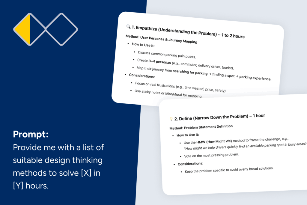 A partial view of a slide or document detailing steps for design thinking, specifically "1. Empathize (Understanding the Problem)" and "2. Define (Narrow Down the Problem)." A prompt in the foreground reads: "Prompt: Provide me with a list of suitable design thinking methods to solve [X] in [Y] hours."