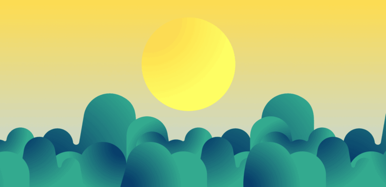 Illustration of a stylized green landscape with rounded hills and a large yellow sunrise in the sky, symbolizing sustainability and new beginnings.