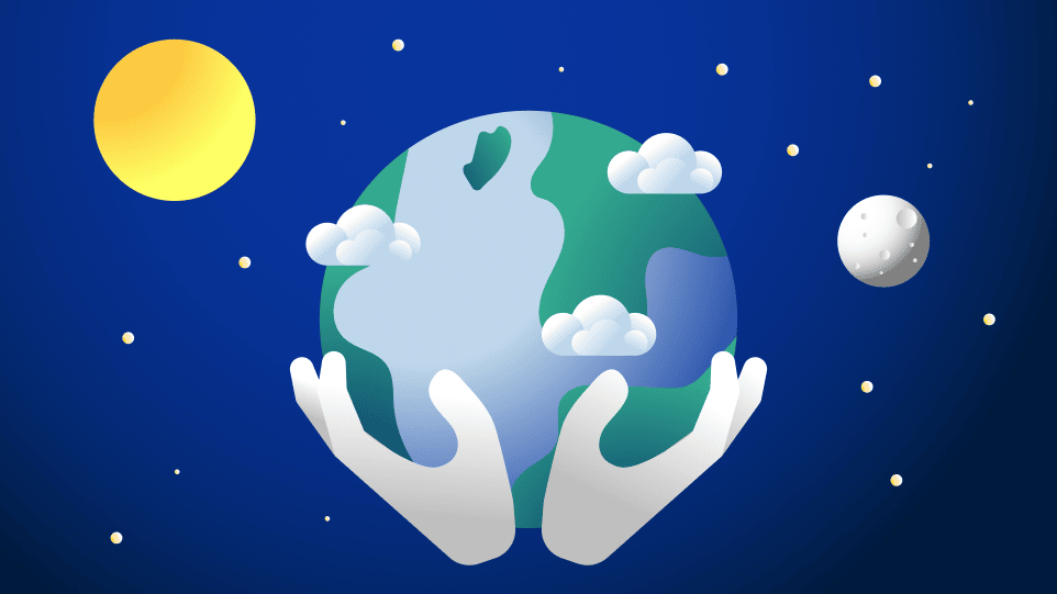 Illustration of two hands gently holding planet Earth – surrounded by clouds, stars, the sun, and the moon in space. Symbolizing global responsibility and sustainability.
