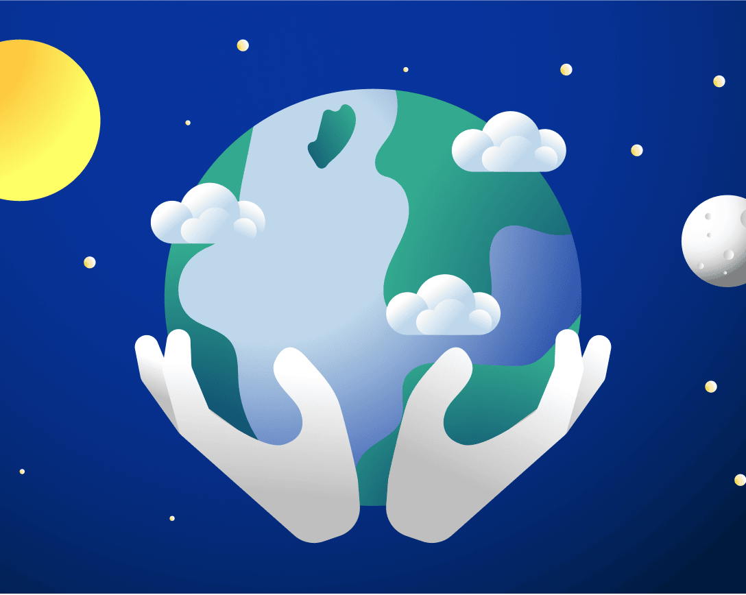 Illustration of two hands gently holding planet Earth – surrounded by clouds, stars, the sun, and the moon in space. Symbolizing global responsibility and sustainability.