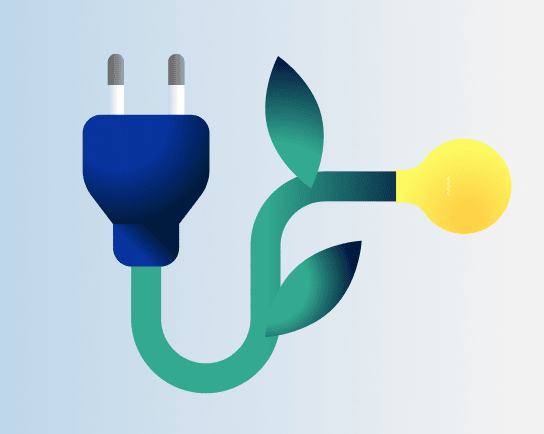 Illustration of a plug turning into a green cable with leaves, ending in a glowing lightbulb – symbolizing green energy and sustainability.