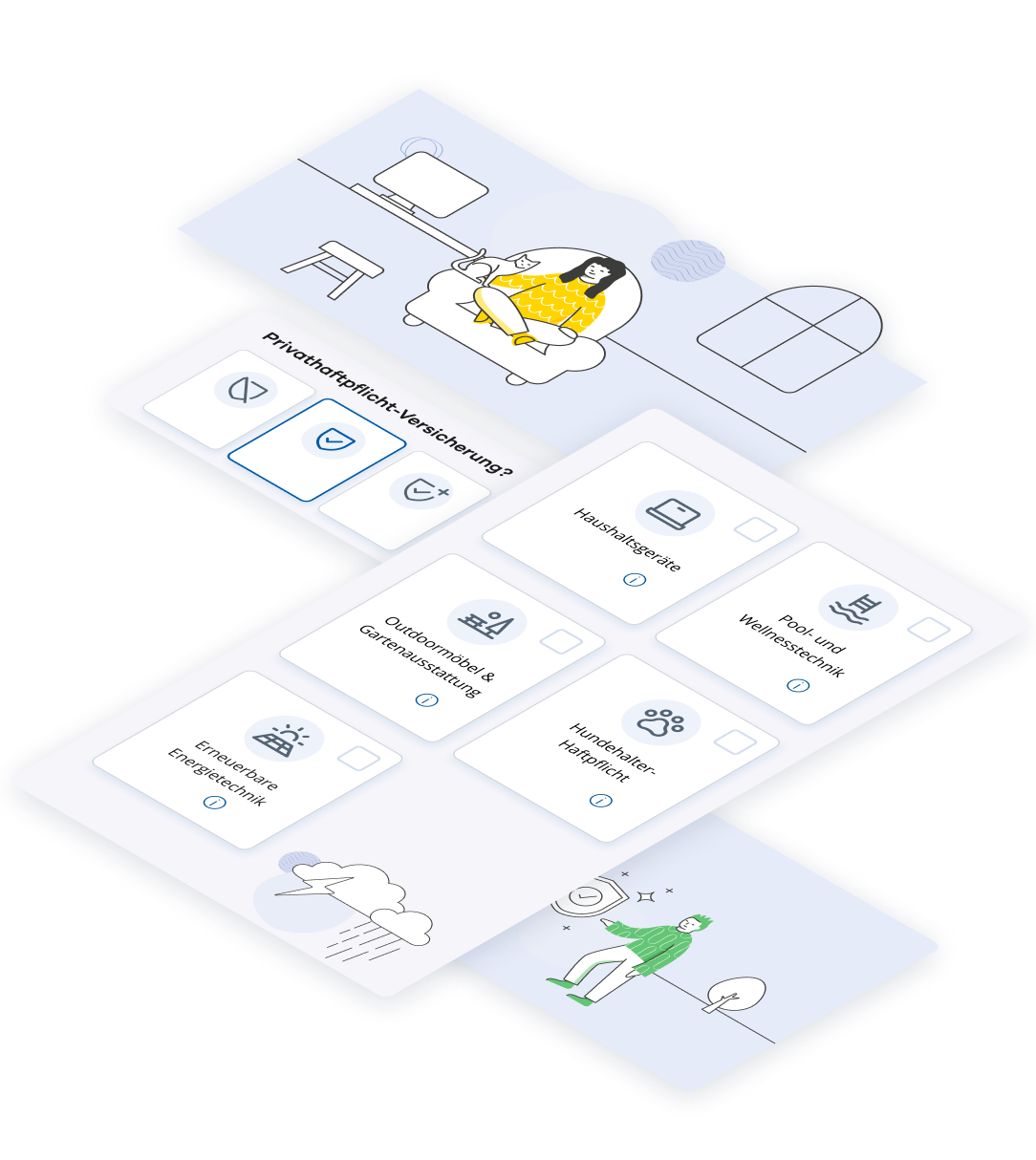 components of the new household insurance flow of UNIQA, including illustrations and selectable pricing options